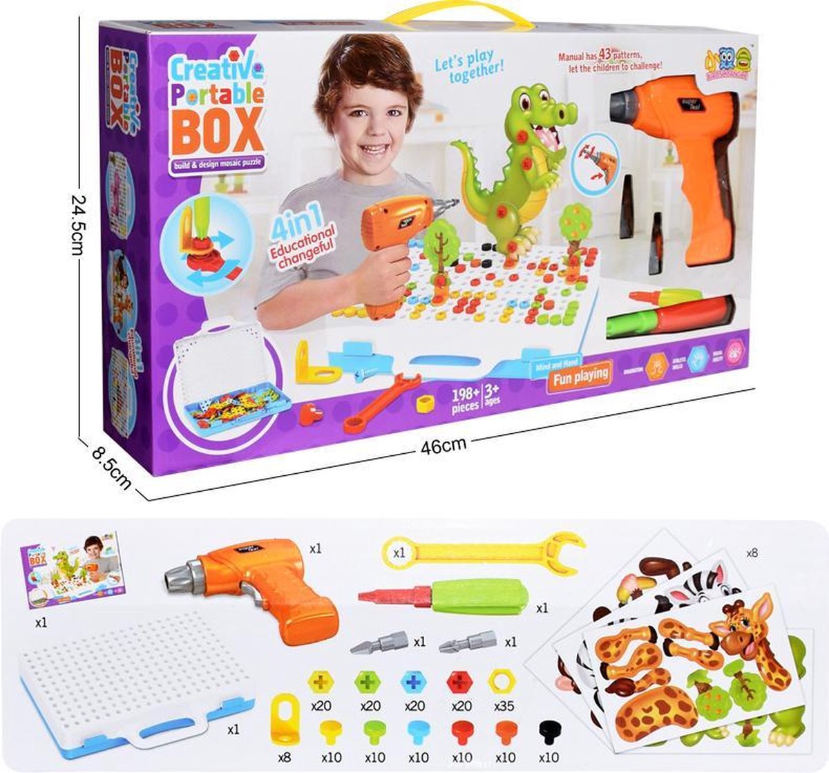 Elektrische boor speelgoed 198 stuks [Creative Portable BOX] [Build and design mosaic puzzle] - Montessori educatief speelgoed  - gereedschapsset voor kinderen- Speelgoed Handschroevendraaier en Moersleutel- Bouwen met schattige dieren